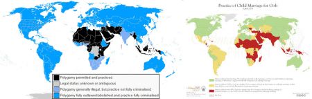 Maps comparing the global distributions of polygamy and of child marriage